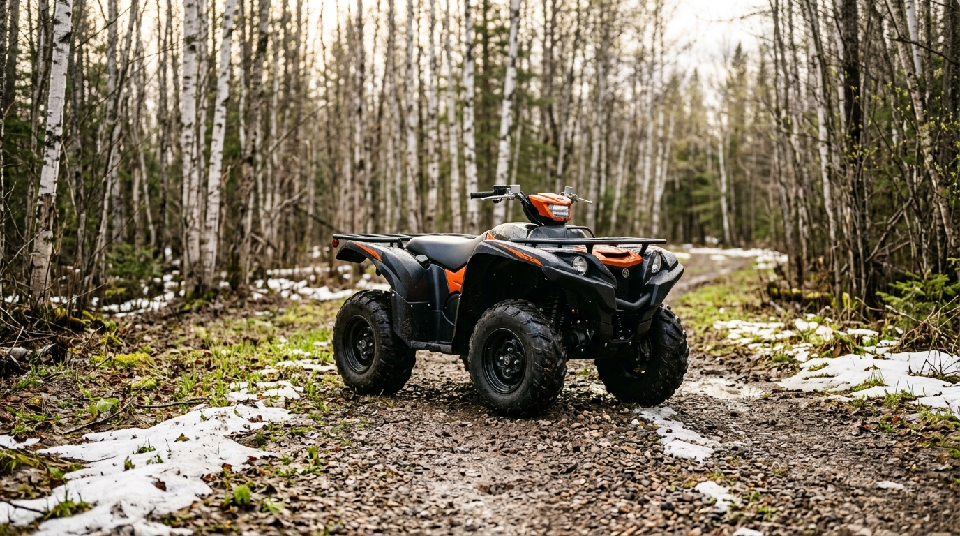 ATV on a forest trail in spring after being prepped for the riding season