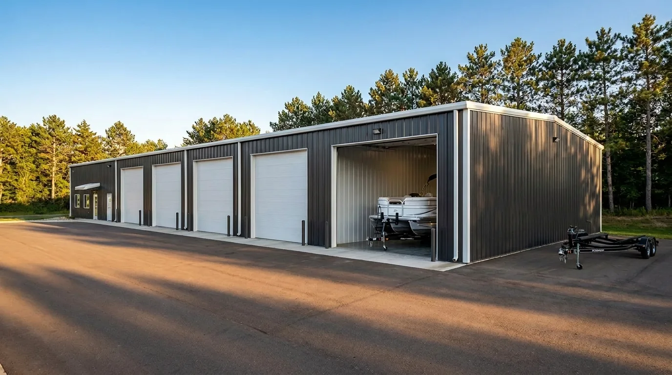 Due North premium indoor storage facility near Saint Cloud, MN with multiple bay doors and a pontoon boat visible inside an open unit