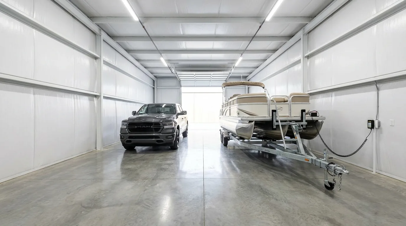 Inside a 14x40 Due North storage unit with a full pontoon boat on a trailer parked next to a pickup truck on polished concrete