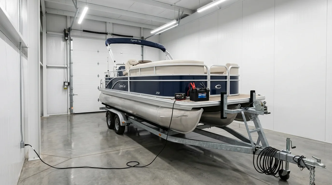 Pontoon boat stored inside a Due North Storage 14x30 indoor unit serving the Milaca, MN area, with electrical access for a trickle charger