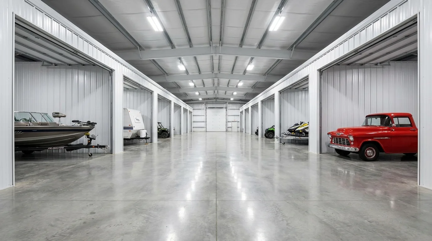 Indoor storage building aisle with separate units holding a fishing boat, camper, ATV, snowmobiles, and a classic pickup truck
