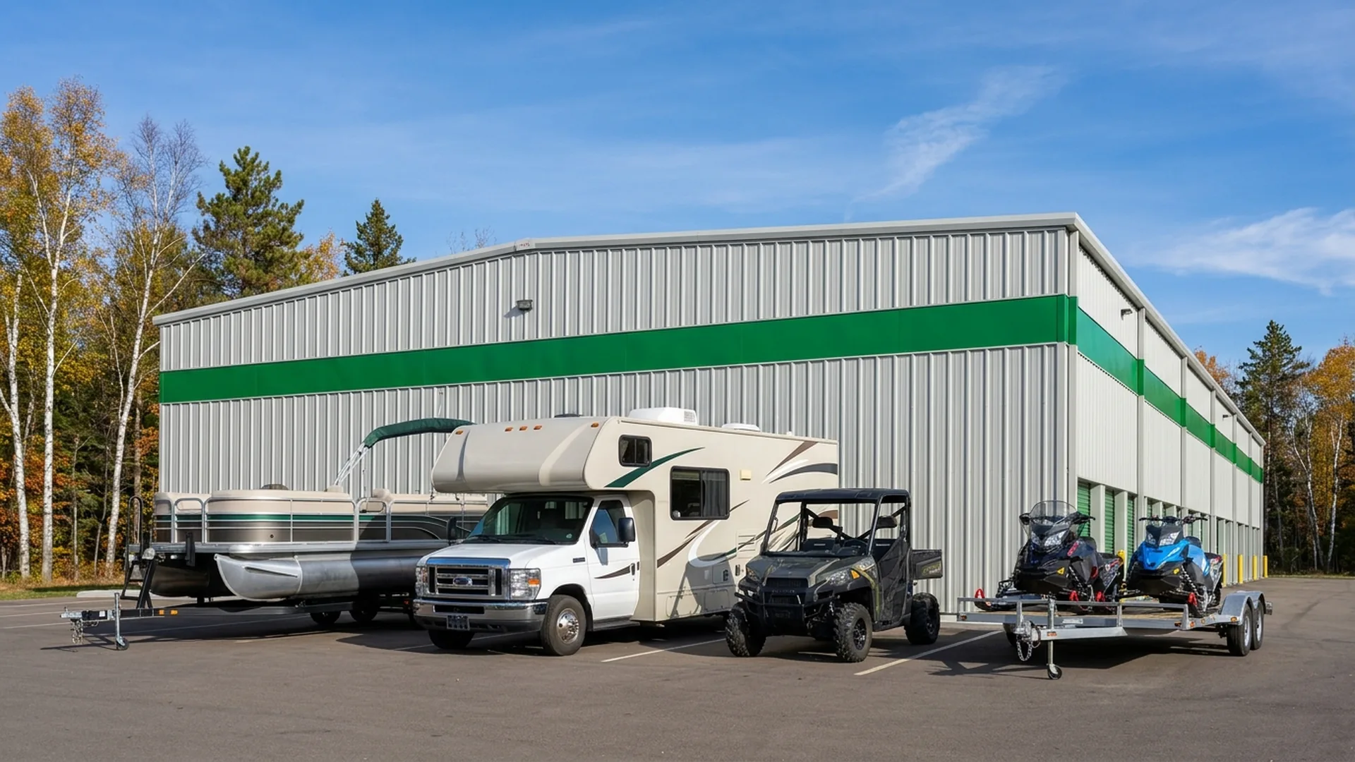 Boat, RV, ATV, and snowmobiles staged outside Due North Storage in Rice, MN