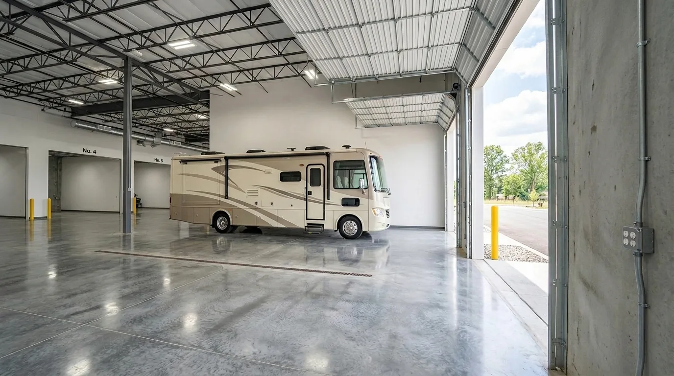 A Class A motorhome parked inside a clean indoor drive-in storage bay with a tall open roll-up door and an electrical outlet on the wall