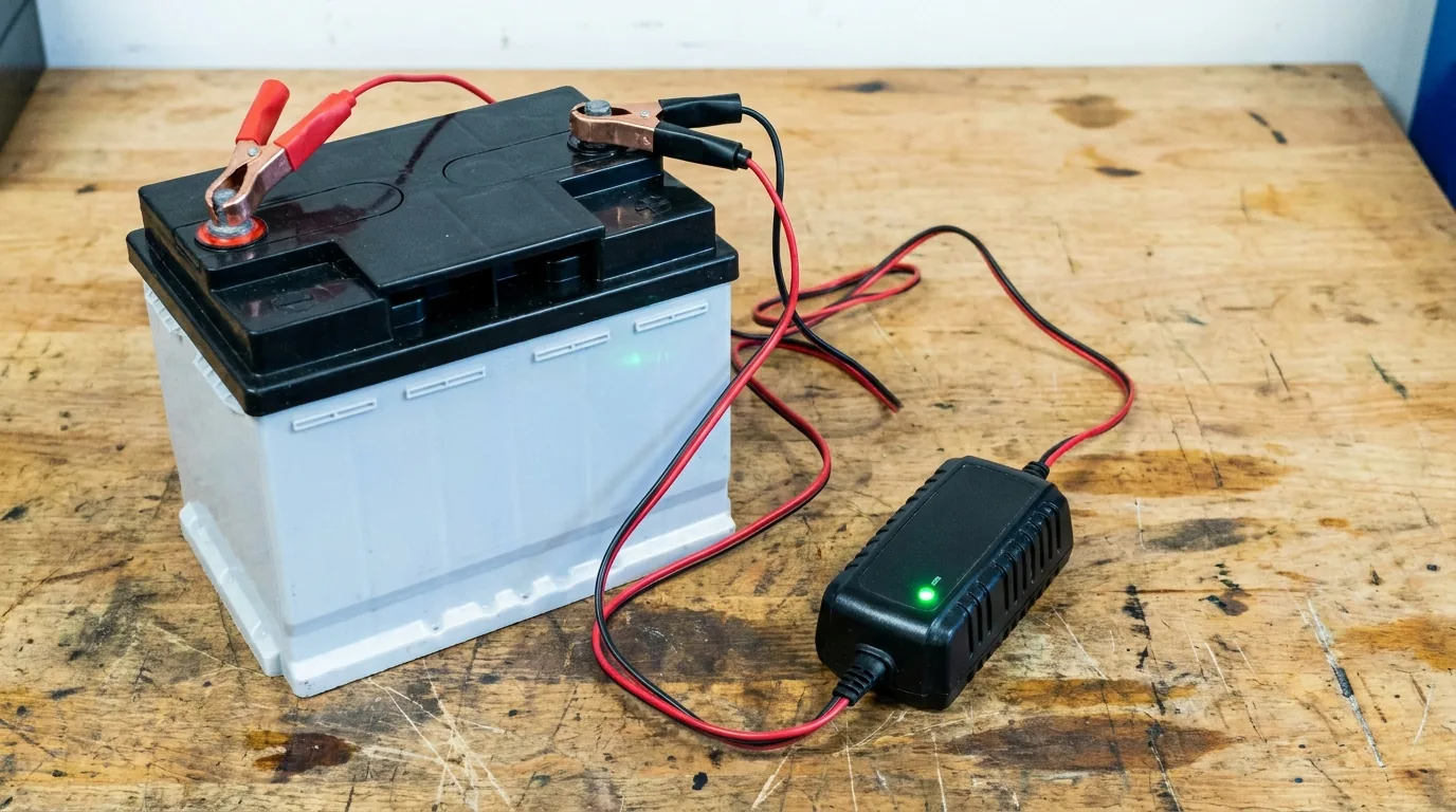 A 12-volt marine battery on a workbench connected to an automatic trickle charger with a green light
