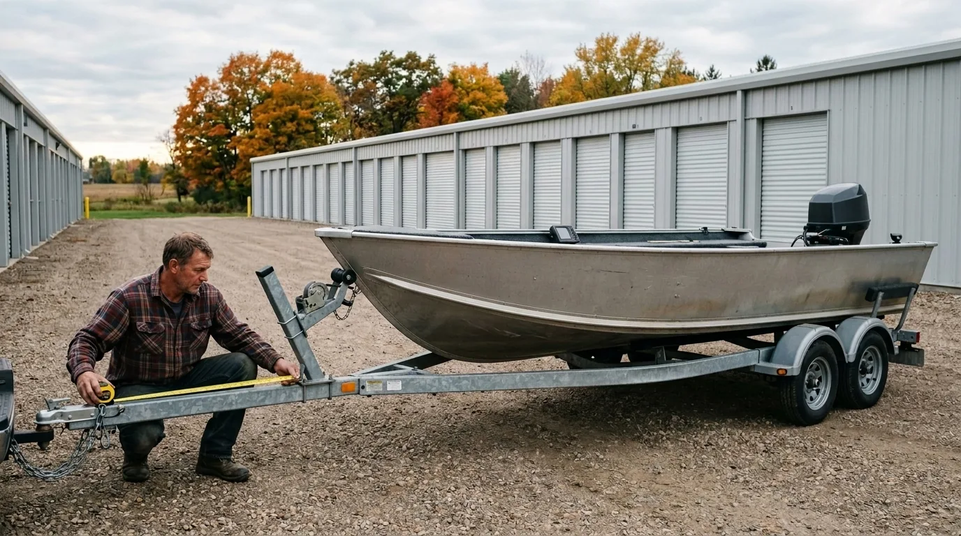 Man measuring the bumper-to-coupler length of an aluminum fishing boat on its trailer outside a row of storage units
