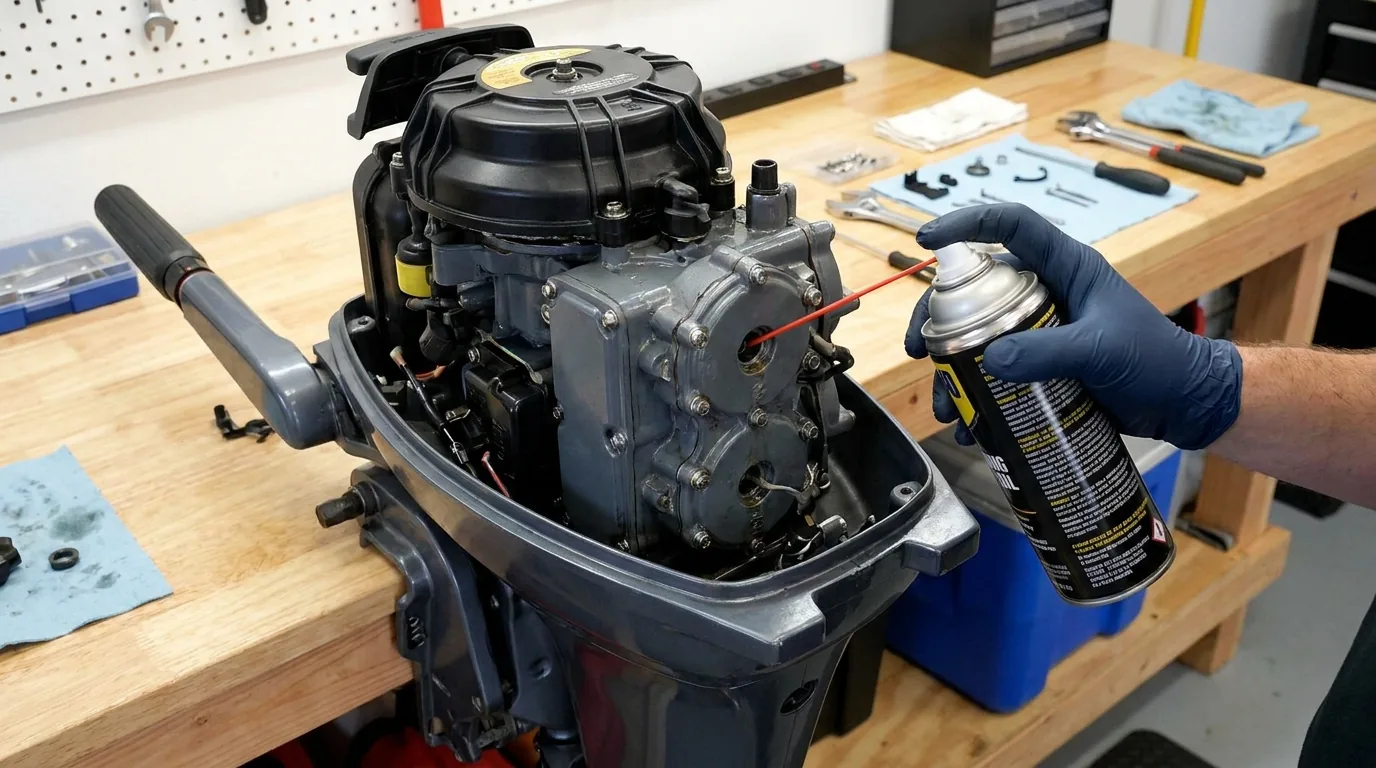 A gloved hand spraying fogging oil into an outboard motor on a garage workbench during winterization