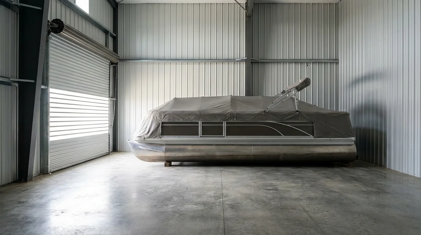 A covered pontoon boat parked inside a clean indoor self-storage unit with a concrete floor