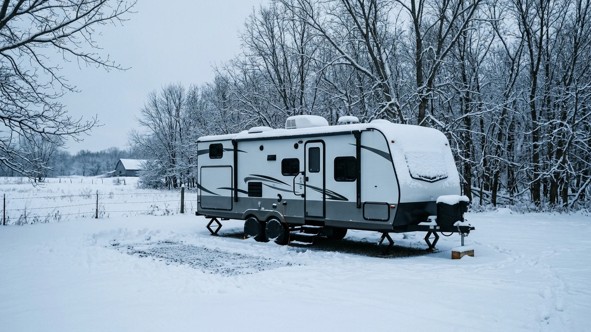 Travel trailer RV parked in deep snow during a Minnesota winter, showing why winterizing before storage matters