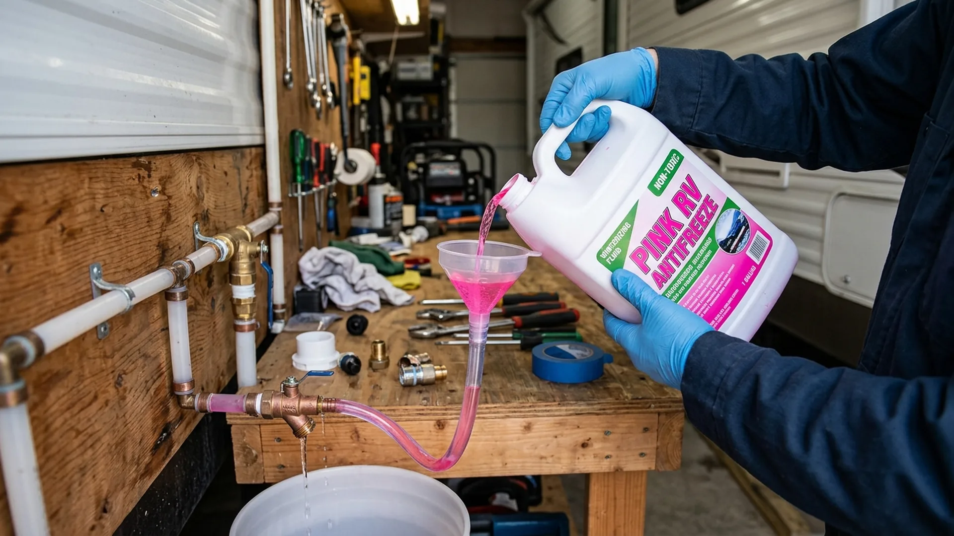 Gloved hands pouring pink non-toxic RV antifreeze into a camper's water lines