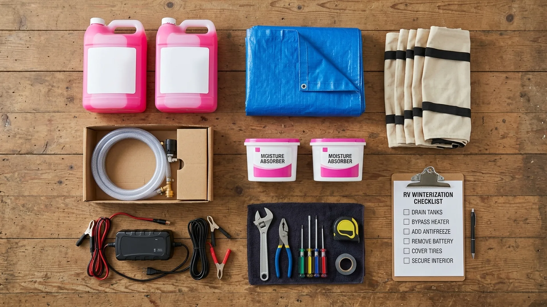 RV winterization supplies and a checklist laid out on a workbench, including pink antifreeze, a pump kit, tire covers, and a battery tender