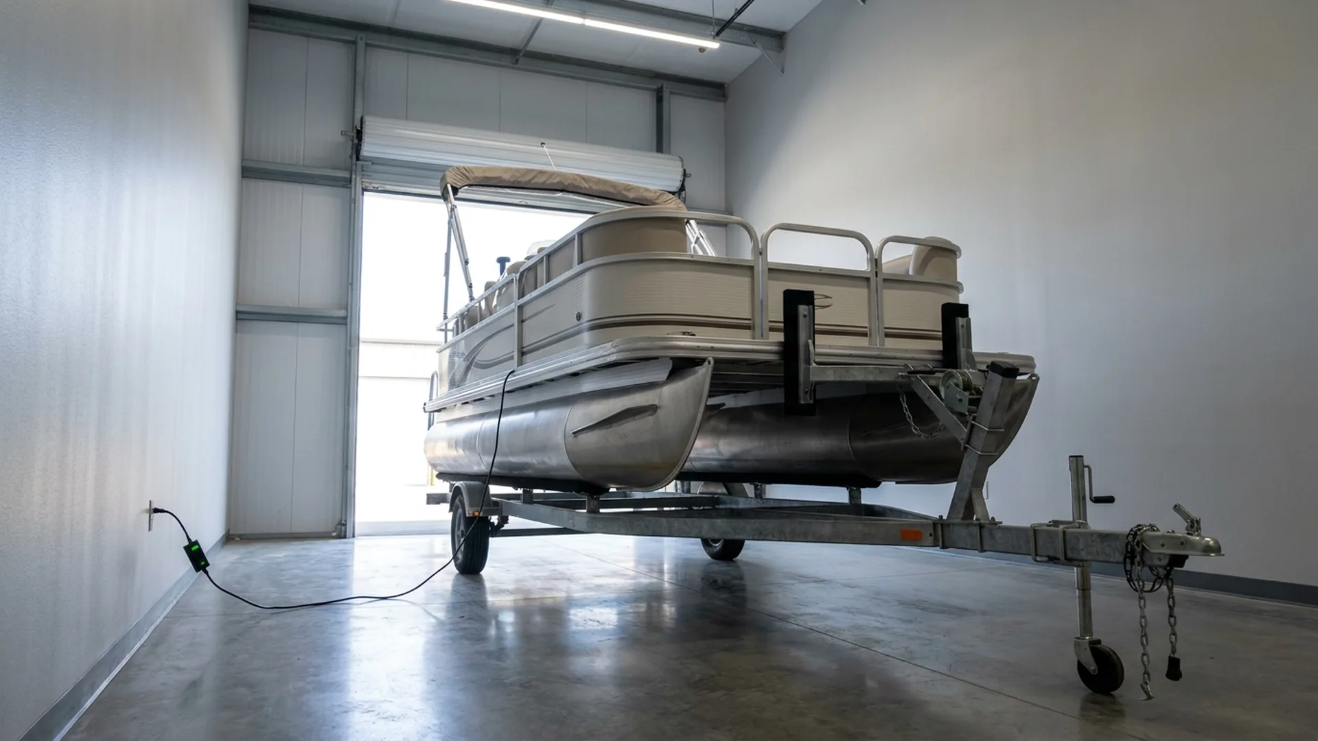 Pontoon boat stored indoors on a trickle charger near Sauk Centre, MN