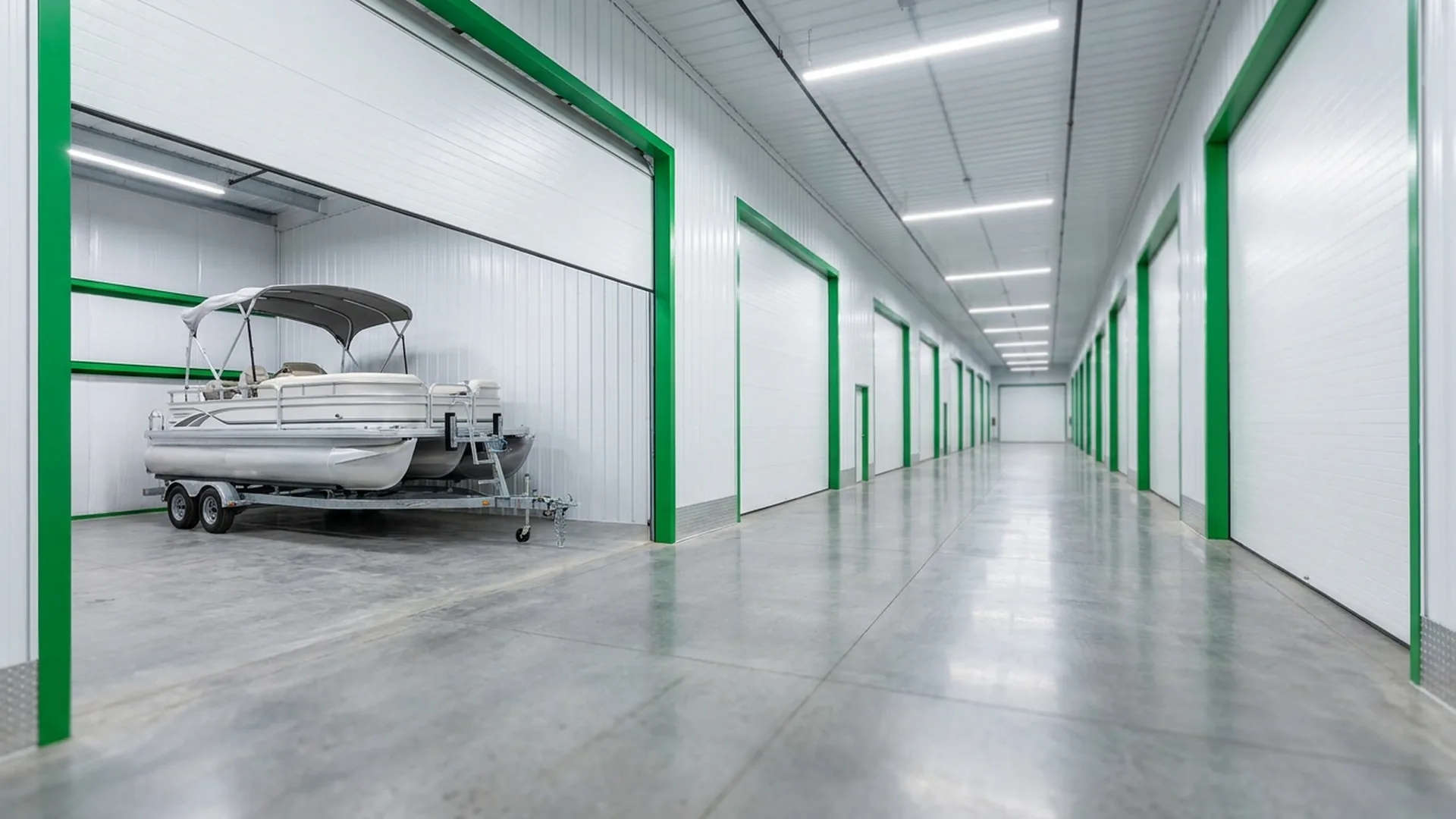 Premium indoor vehicle storage facility near Sauk Centre, MN with boat and RV in lit units