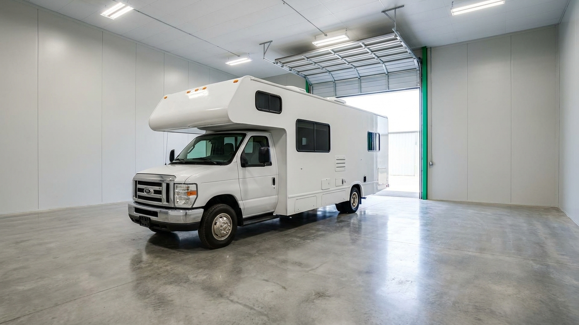 Class C RV parked inside a 14x40 indoor storage unit near Sauk Centre, MN