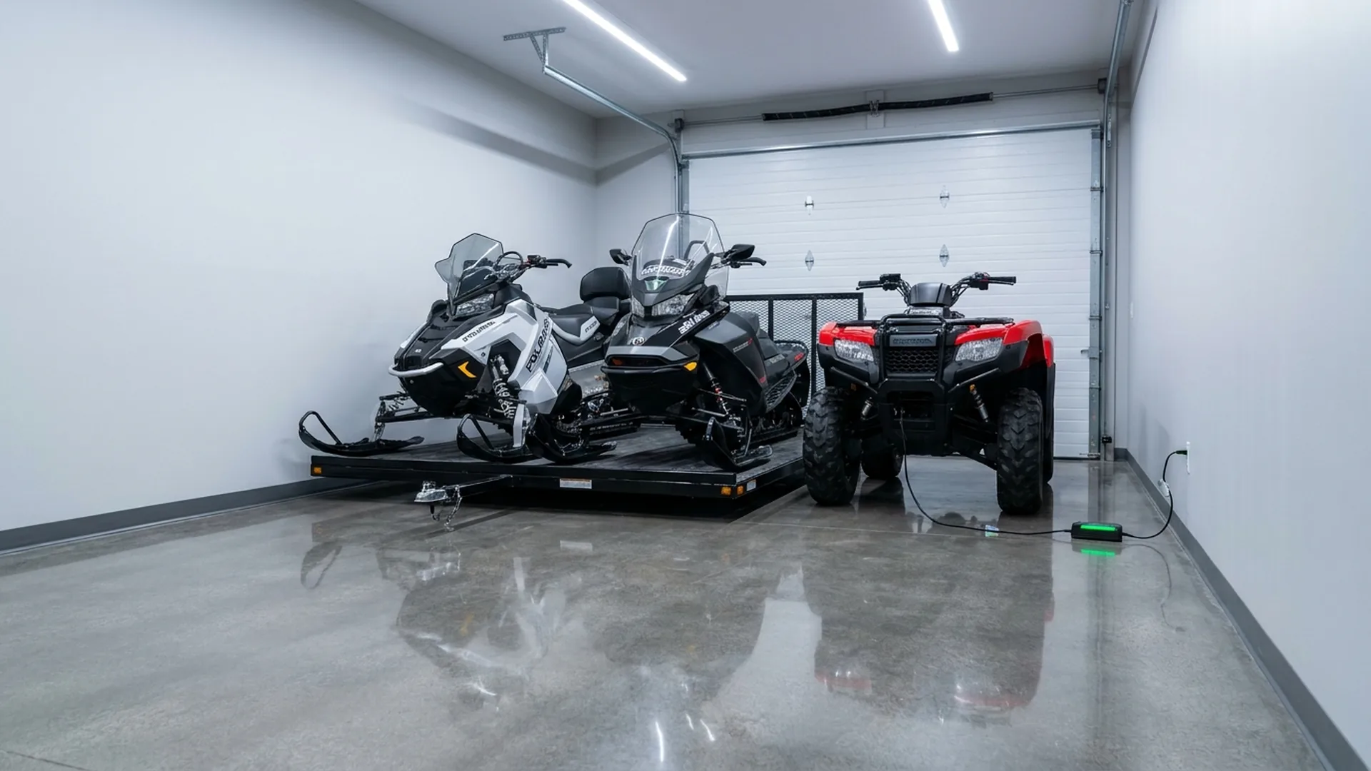 Snowmobiles and an ATV in a lit indoor storage unit with a battery maintainer plugged in