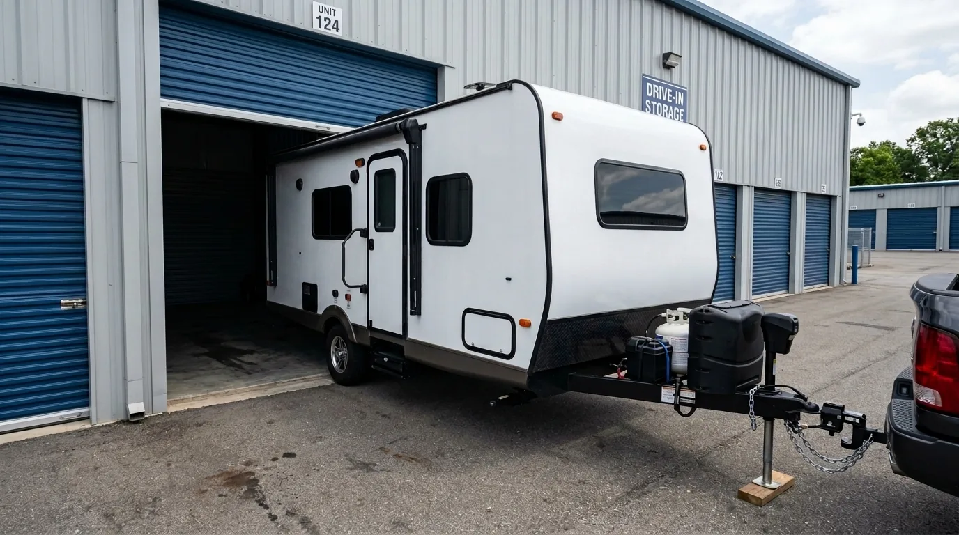 White travel trailer with A-frame hitch and tongue jack backed up to the open door of an indoor drive-in storage unit