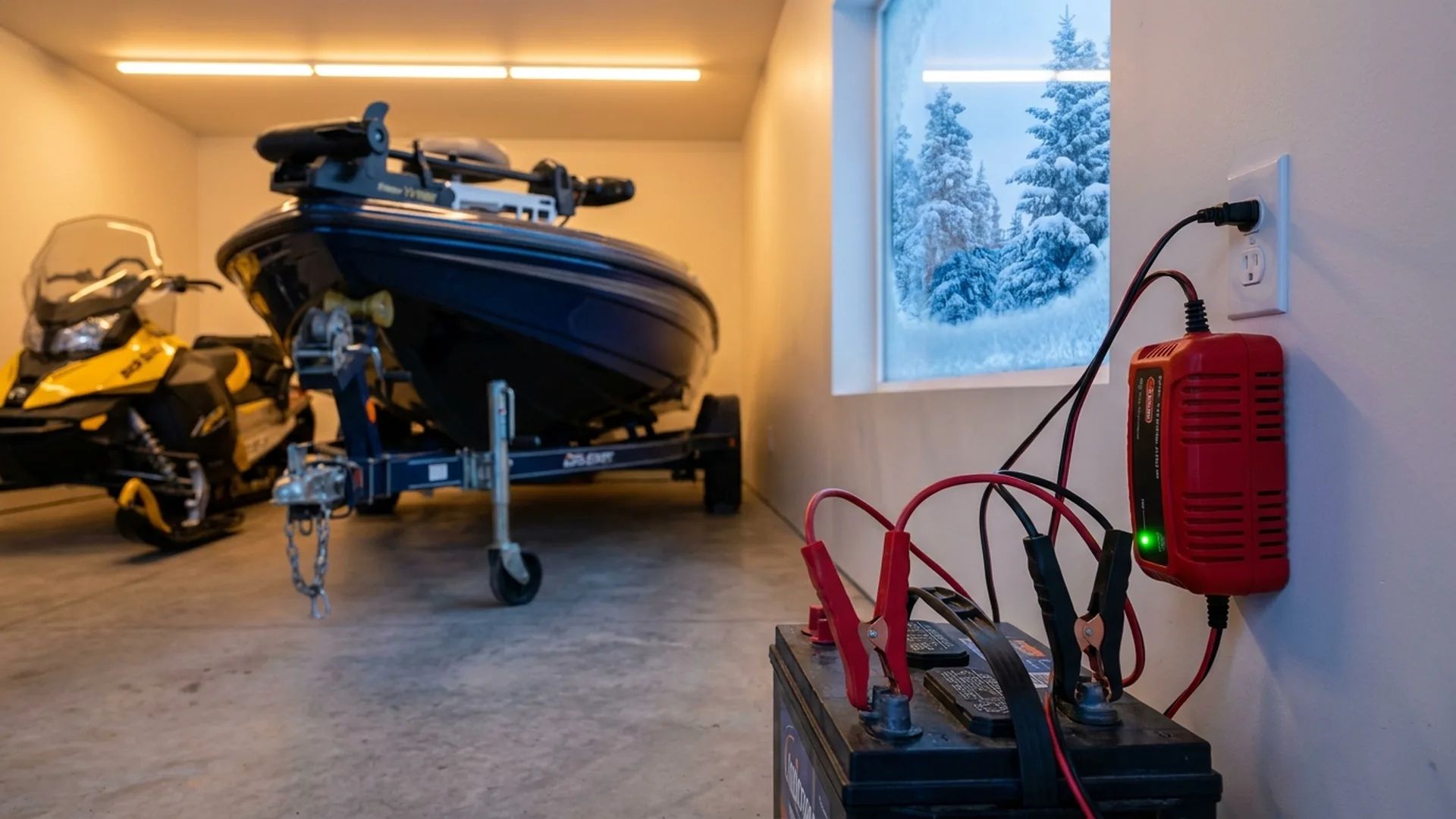 Battery trickle charger plugged into a wall outlet inside a Due North storage unit during a Minnesota winter