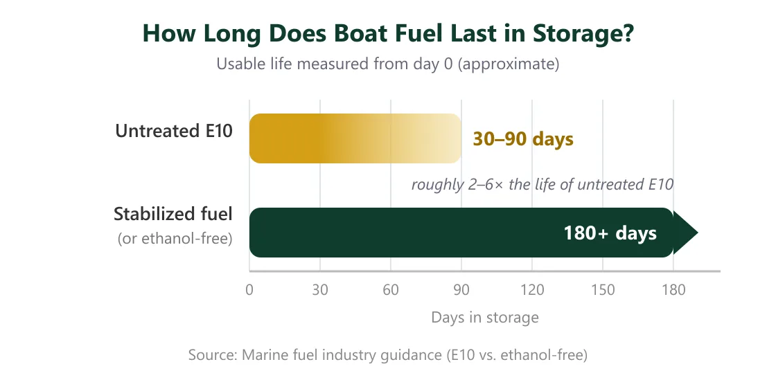 Bar chart comparing boat fuel storage life: untreated E10 gasoline lasts 30 to 90 days while stabilized or ethanol-free fuel lasts 180 or more days