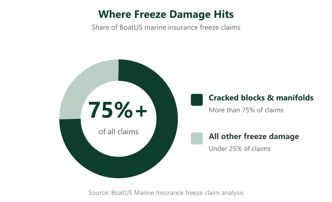 Donut chart showing more than 75 percent of BoatUS marine insurance freeze claims are cracked engine blocks or exhaust manifolds, with under 25 percent all other freeze damage