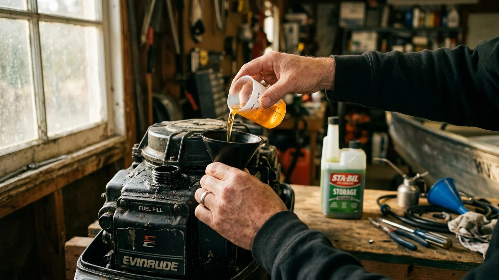 Hands pouring amber fuel stabilizer from a bottle into a boat outboard motor's fuel fill in a garage before winter storage