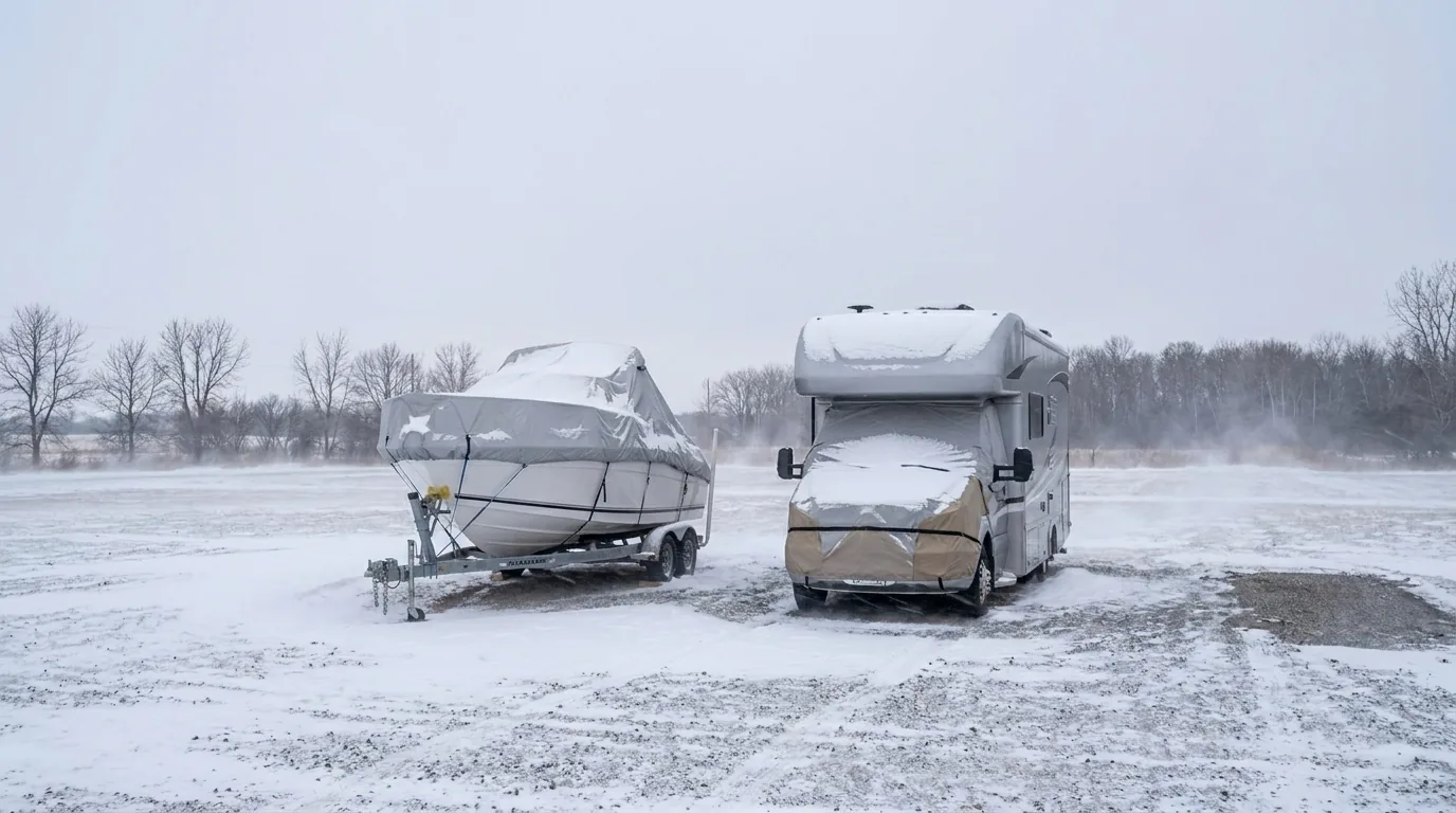 Covered boat and travel trailer under deep snow on an open outdoor storage lot in Minnesota winter