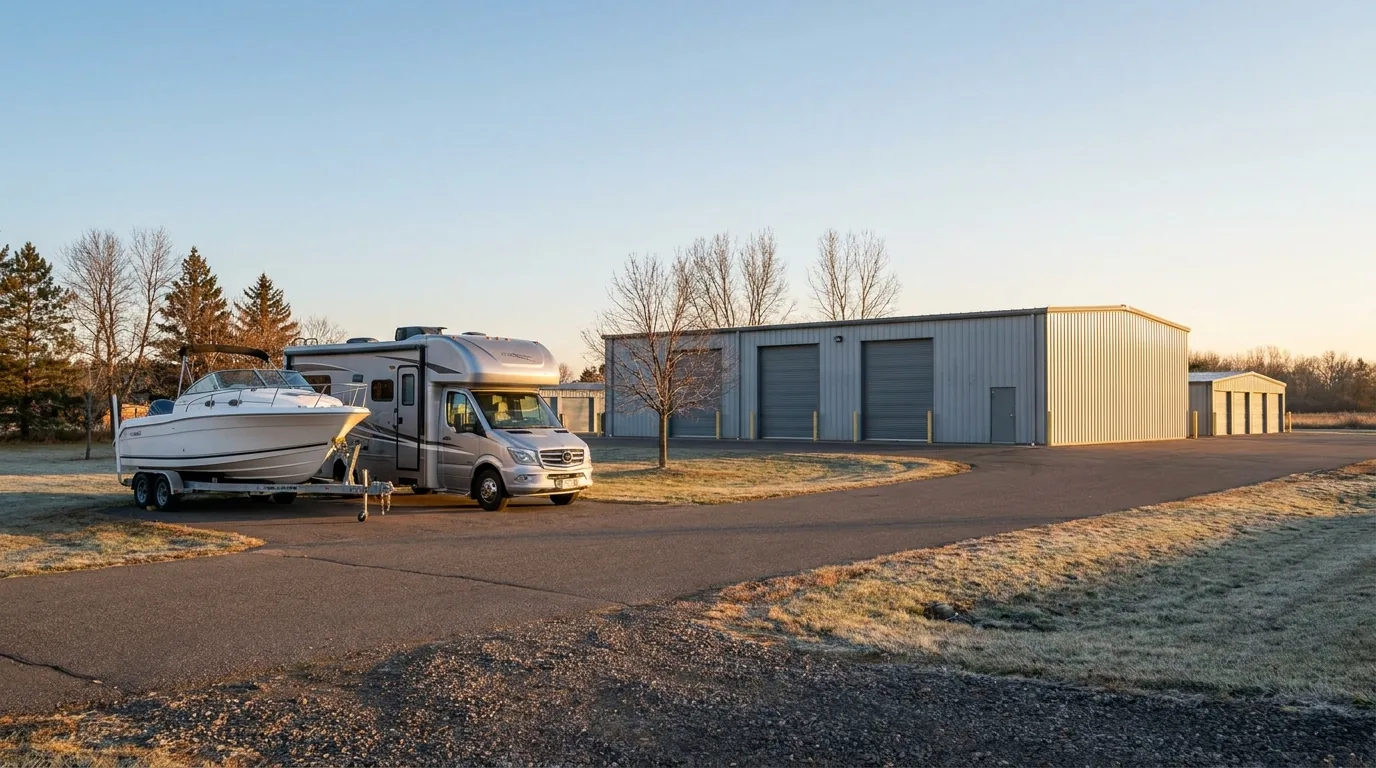 A boat on a trailer and a Class C RV motorhome parked outside a central Minnesota self-storage facility at sunrise