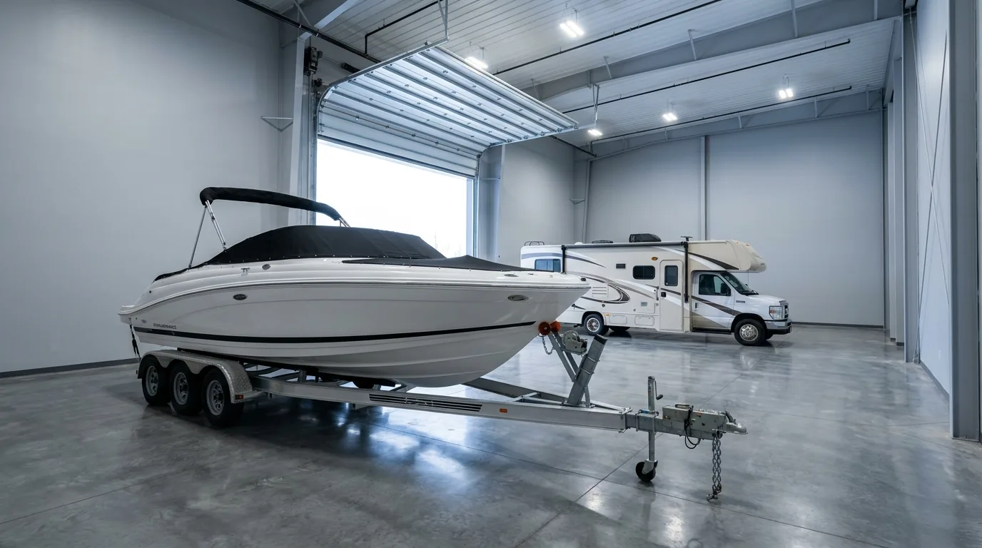 A boat on a trailer and a Class C RV parked inside a clean indoor storage unit