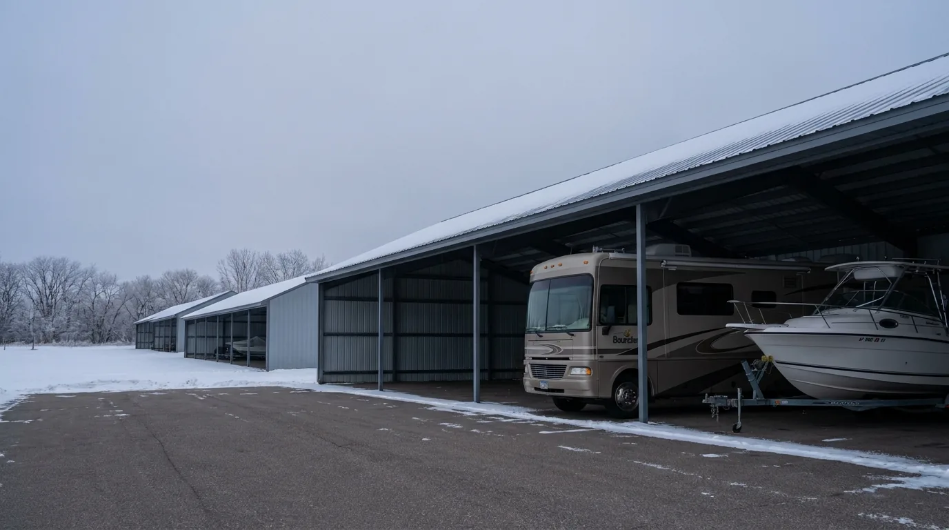 A Class A motorhome and a boat parked under a covered steel carport with snow on the surrounding ground