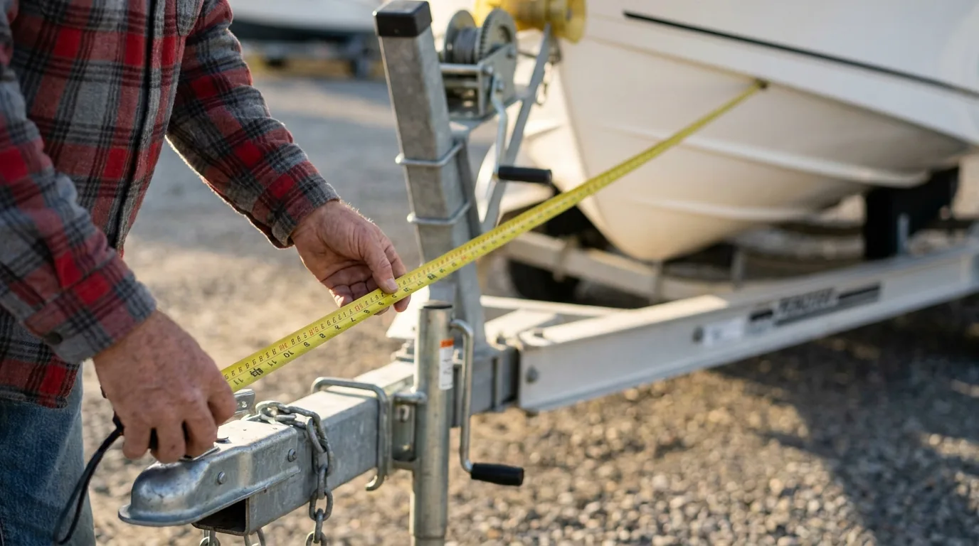 Hands running a yellow tape measure from a boat trailer's extended tongue back toward the hull
