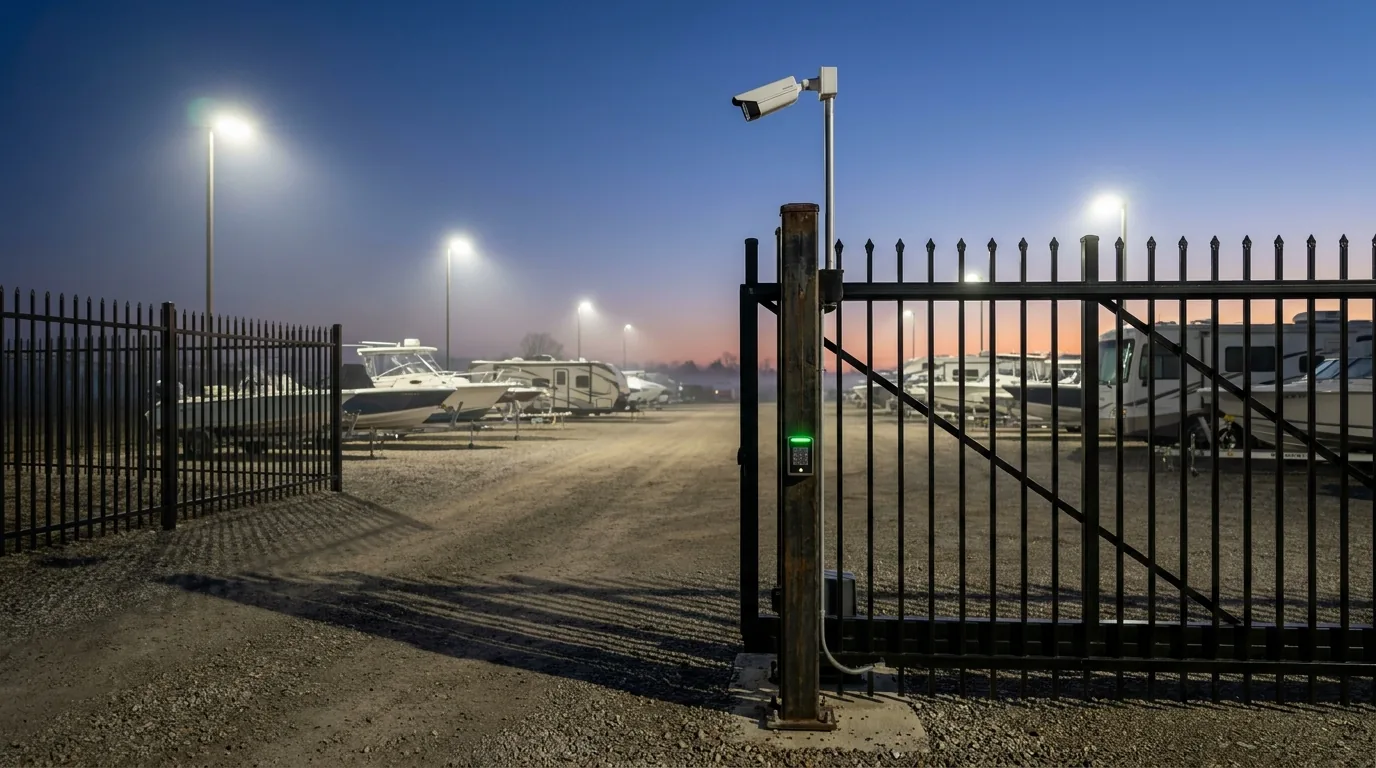 Gated storage yard at dusk with a keypad, security camera, perimeter fence, and lit rows of boats and RVs