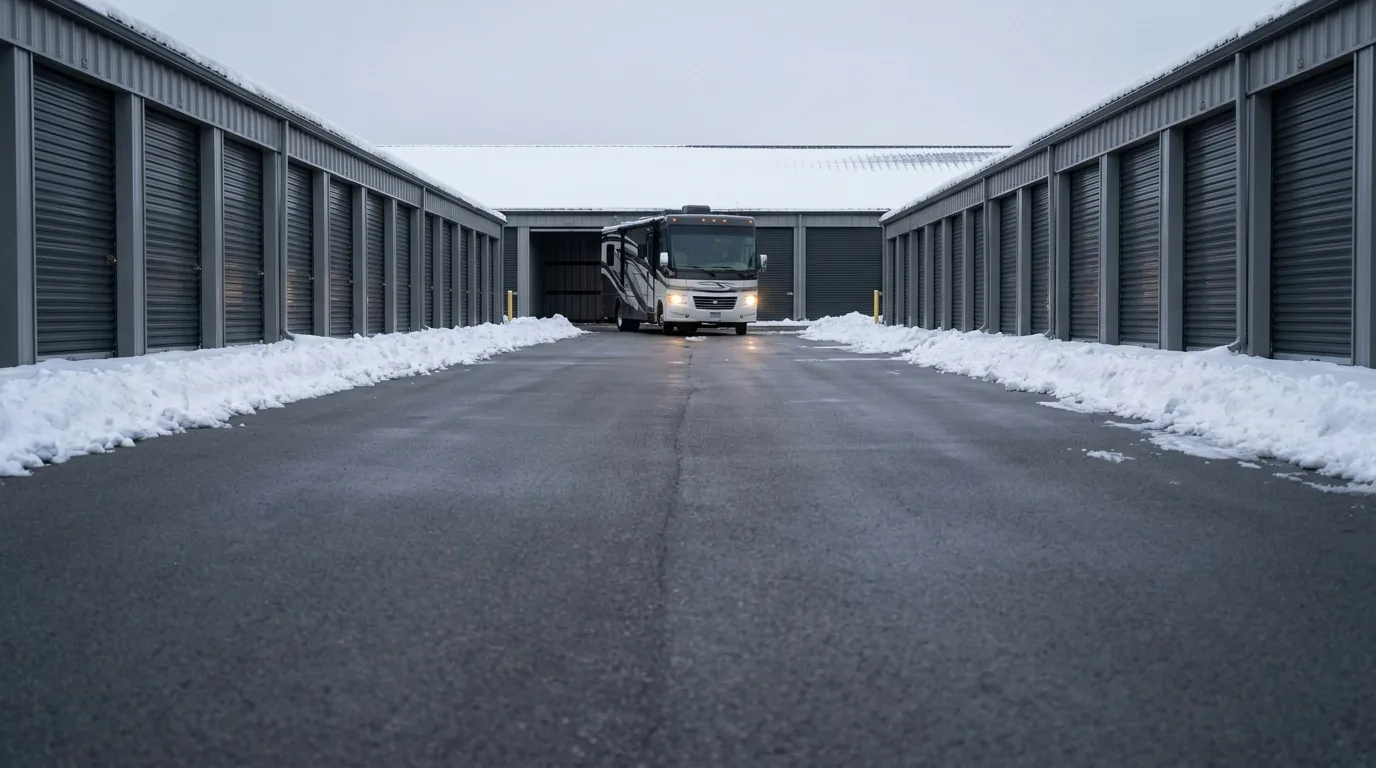 An RV backing into a bay down a wide, plowed drive aisle between two rows of storage buildings in winter