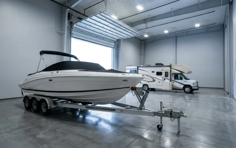 A boat on a trailer and a Class C RV parked inside a clean indoor storage unit
