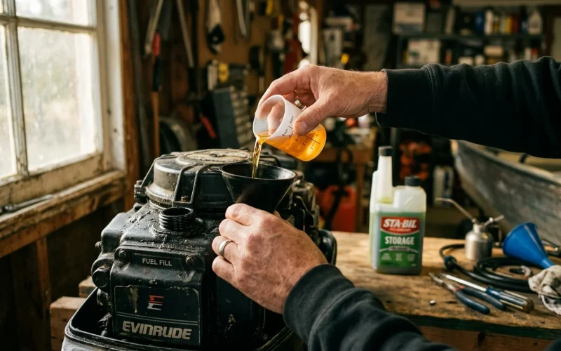 Hands pouring amber fuel stabilizer from a bottle into a boat outboard motor's fuel fill in a garage before winter storage