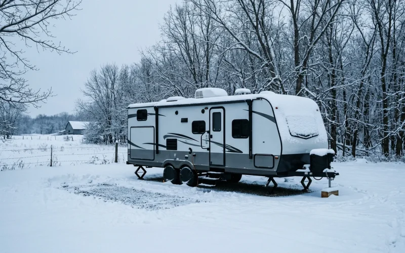 Travel trailer RV parked in deep snow during a Minnesota winter, showing why winterizing before storage matters