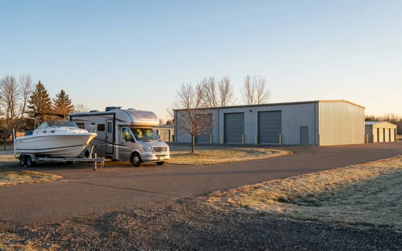 A boat on a trailer and a Class C RV motorhome parked outside a central Minnesota self-storage facility at sunrise
